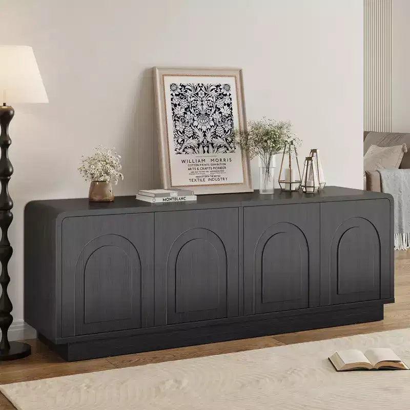 Meuble TV de 160 cm pour téléviseur de 55/60/65 pouces, console TV de 178 cm avec 2 portes et rangement ouvert, table console basse et moyenne à cannelures