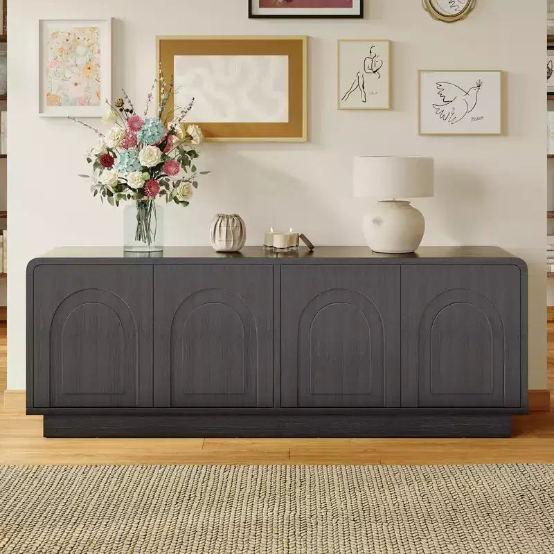 Meuble TV de 160 cm pour téléviseur de 55/60/65 pouces, console TV de 178 cm avec 2 portes et rangement ouvert, table console basse et moyenne à cannelures