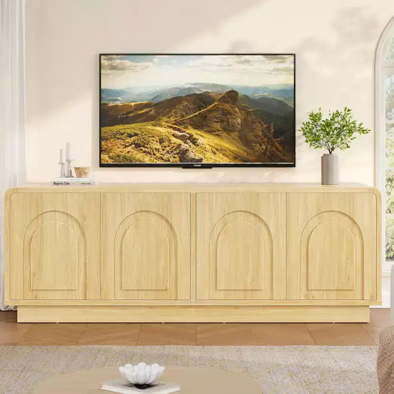 Meuble TV de 160 cm pour téléviseur de 55/60/65 pouces, console TV de 178 cm avec 2 portes et rangement ouvert, table console basse et moyenne à cannelures