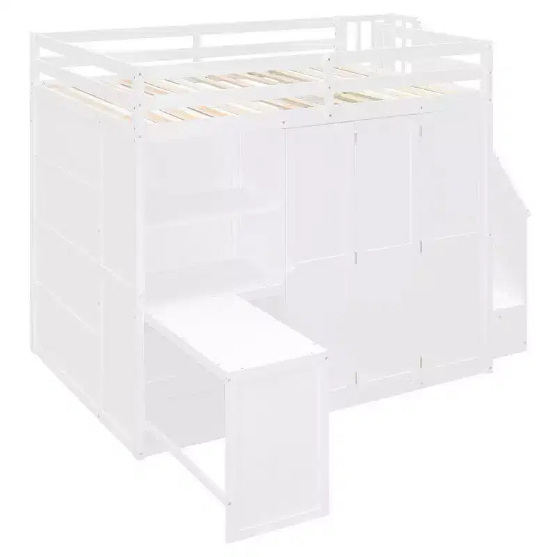 Lit mezzanine pleine grandeur moderne avec armoire, bureau, étagères et panneaux de porte pliants