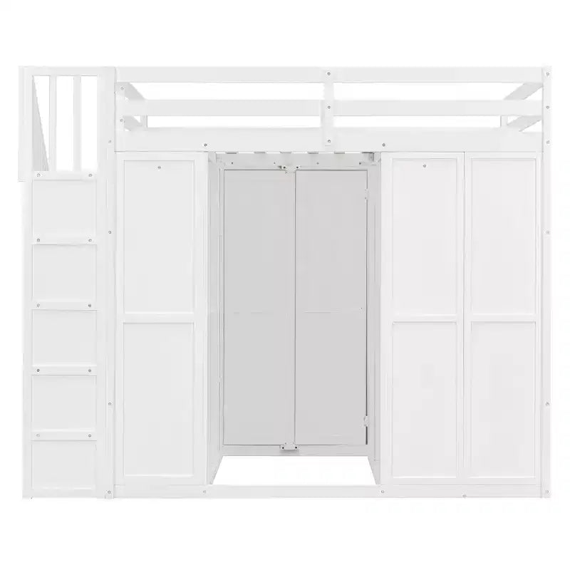 Lit mezzanine pleine grandeur moderne avec armoire, bureau, étagères et panneaux de porte pliants