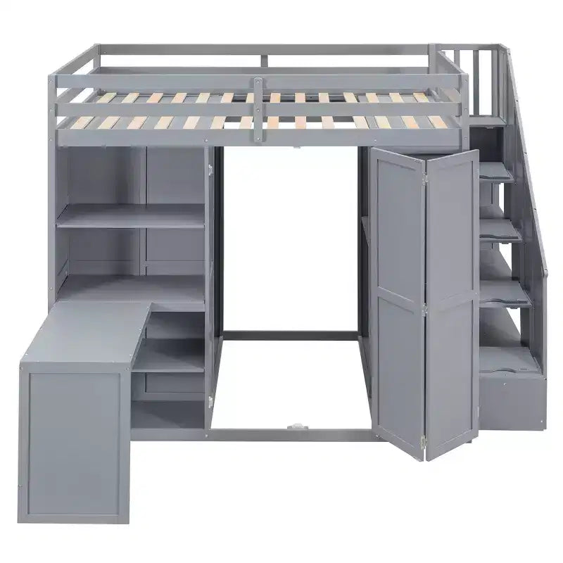 Lit mezzanine pleine grandeur moderne avec armoire, bureau, étagères et panneaux de porte pliants