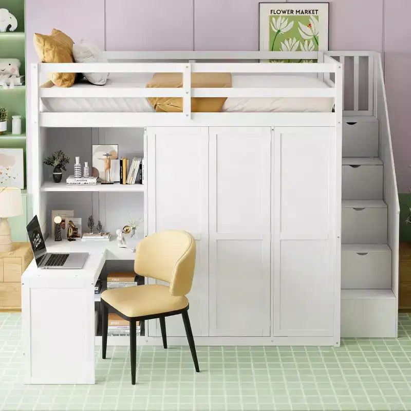 Lit mezzanine pleine grandeur moderne avec armoire, bureau, étagères et panneaux de porte pliants