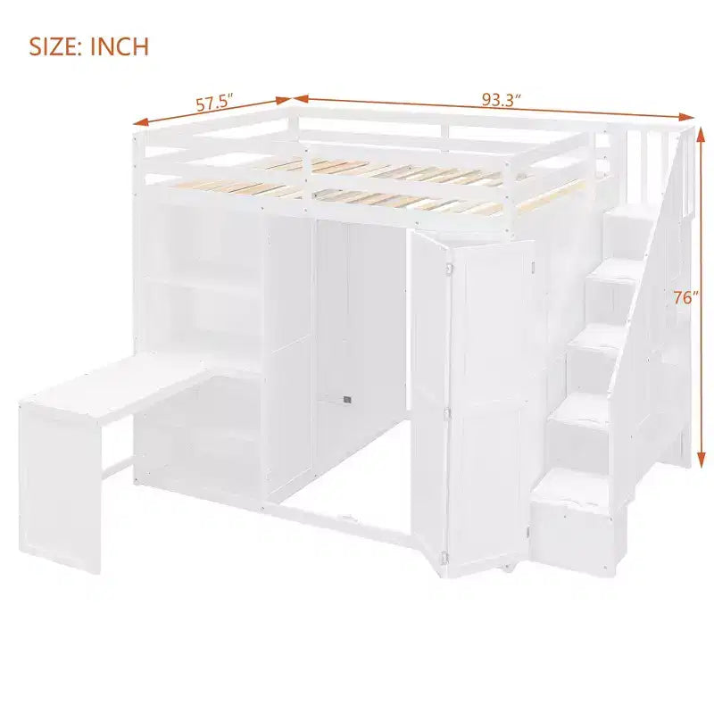 Lit mezzanine pleine grandeur moderne avec armoire, bureau, étagères et panneaux de porte pliants