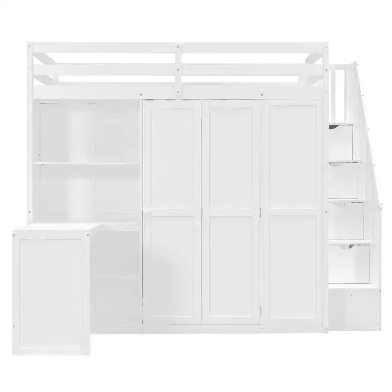 Lit mezzanine pleine grandeur moderne avec armoire, bureau, étagères et panneaux de porte pliants