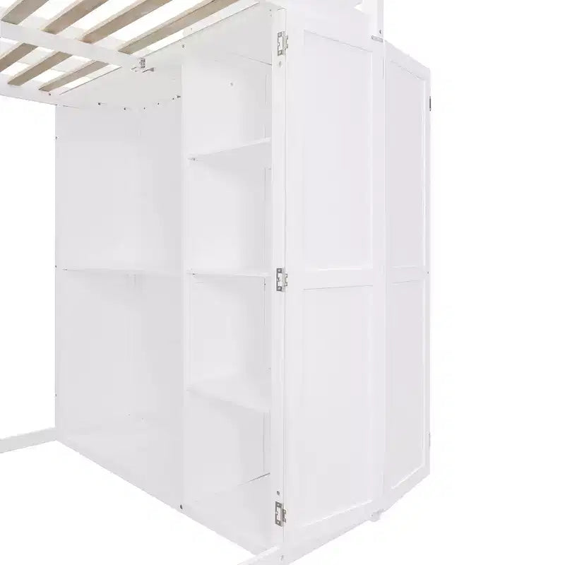 Lit mezzanine pleine grandeur moderne avec armoire, bureau, étagères et panneaux de porte pliants
