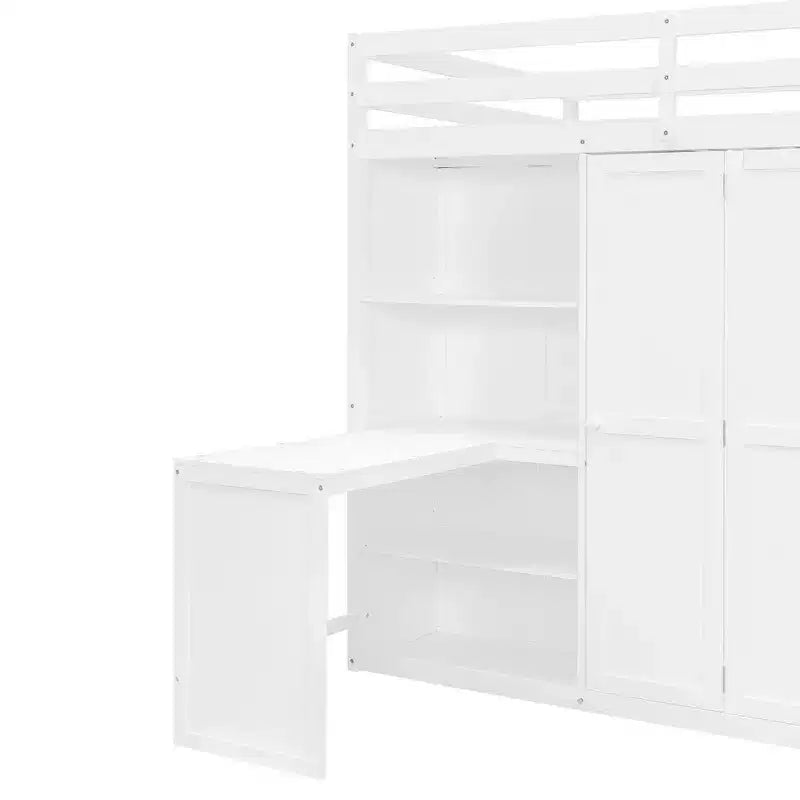 Lit mezzanine pleine grandeur moderne avec armoire, bureau, étagères et panneaux de porte pliants