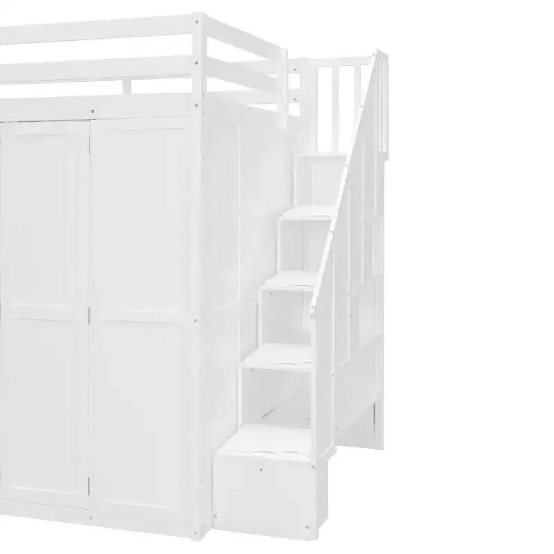 Lit mezzanine pleine grandeur moderne avec armoire, bureau, étagères et panneaux de porte pliants