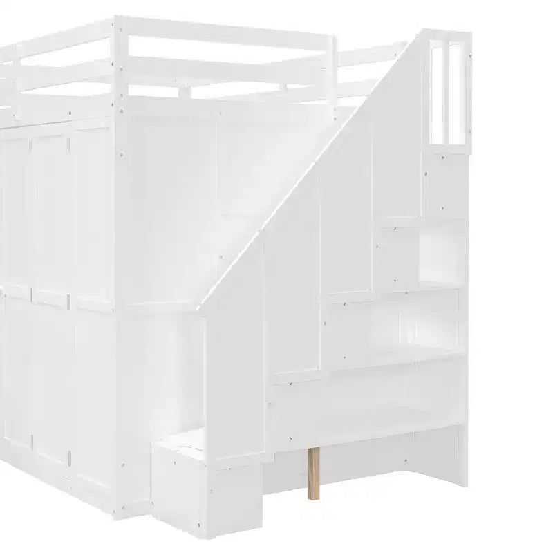 Lit mezzanine pleine grandeur moderne avec armoire, bureau, étagères et panneaux de porte pliants