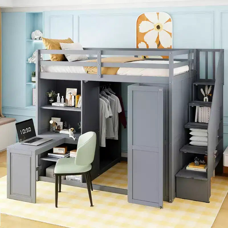Luxystar Modern Full Size Loft Bed with Wardrobe, Desk, Shelves and Foldable Door Panels