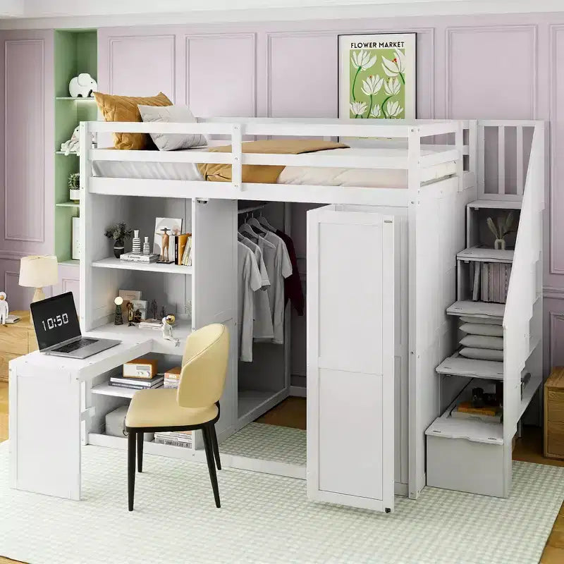 Lit mezzanine pleine grandeur moderne avec armoire, bureau, étagères et panneaux de porte pliants