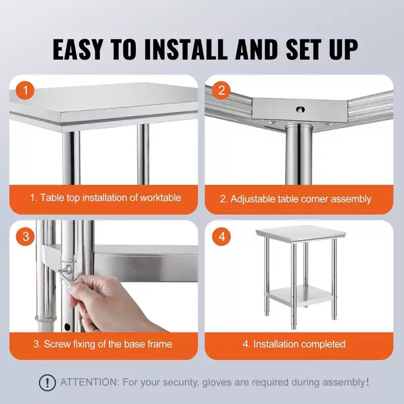 Table de préparation en acier inoxydable, 24 x 24 x 31 pouces, capacité de charge de 700 livres, établi en métal robuste avec hauteur réglable