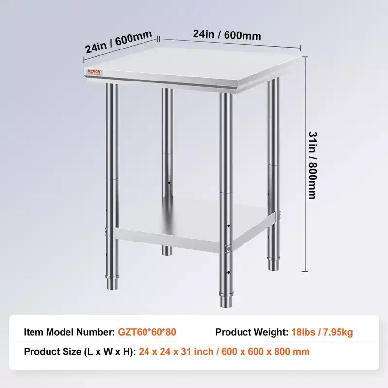 Table de préparation en acier inoxydable, 24 x 24 x 31 pouces, capacité de charge de 700 livres, établi en métal robuste avec hauteur réglable