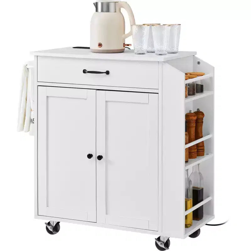 Kitchen Island Cart, 32 Mobile Carts with Storage Cabinet, Rolling Table with Power Outlet, Spice Rack