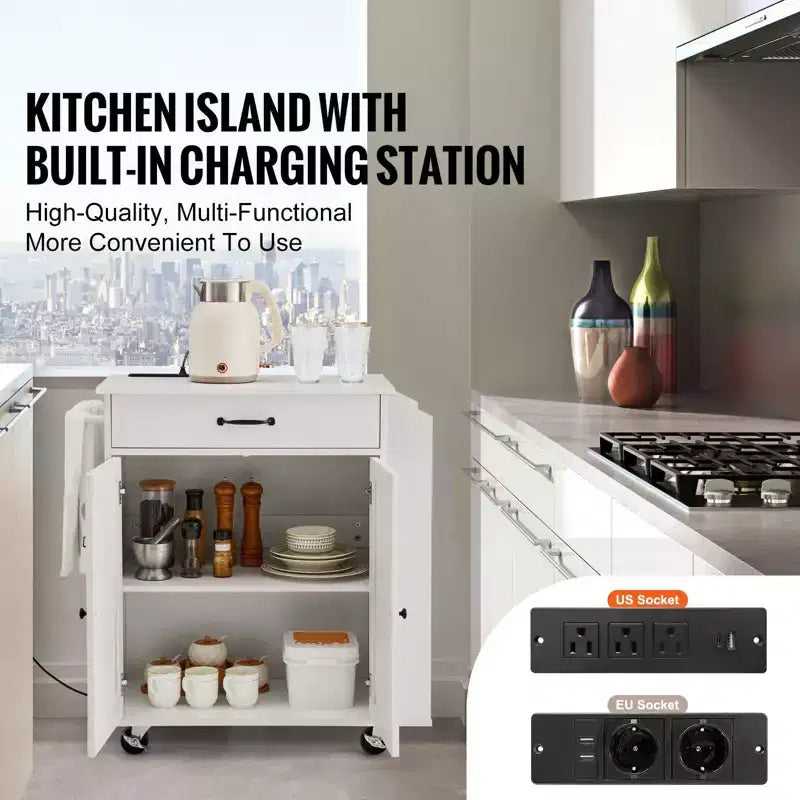 Desserte d'îlot de cuisine, 32 chariots mobiles avec armoire de rangement, table roulante avec prise de courant, porte-épices