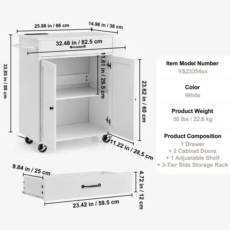 Desserte d'îlot de cuisine, 32 chariots mobiles avec armoire de rangement, table roulante avec prise de courant, porte-épices