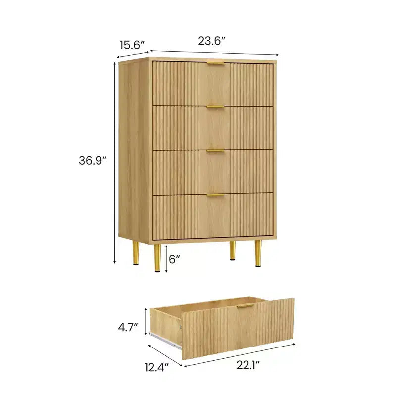 Commode à 4 tiroirs avec poignées métalliques vintage, commode profonde pour chambre, salon, couloir et entrée