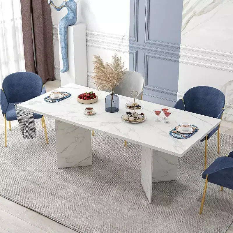 MooxvMoo 63-78.7 Extendable Dining Table, Wooden Farmhouse Design w/ Smooth Slide Track and Sturdy Base, Versatile for Kitchen, Living Room, White