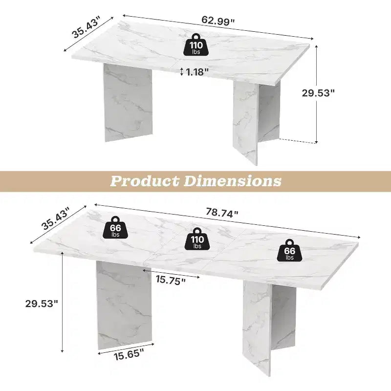 Table à manger extensible 63-78,7 po, design rustique en bois avec rail coulissant fluide et base robuste, polyvalente pour la cuisine, le salon, blanche