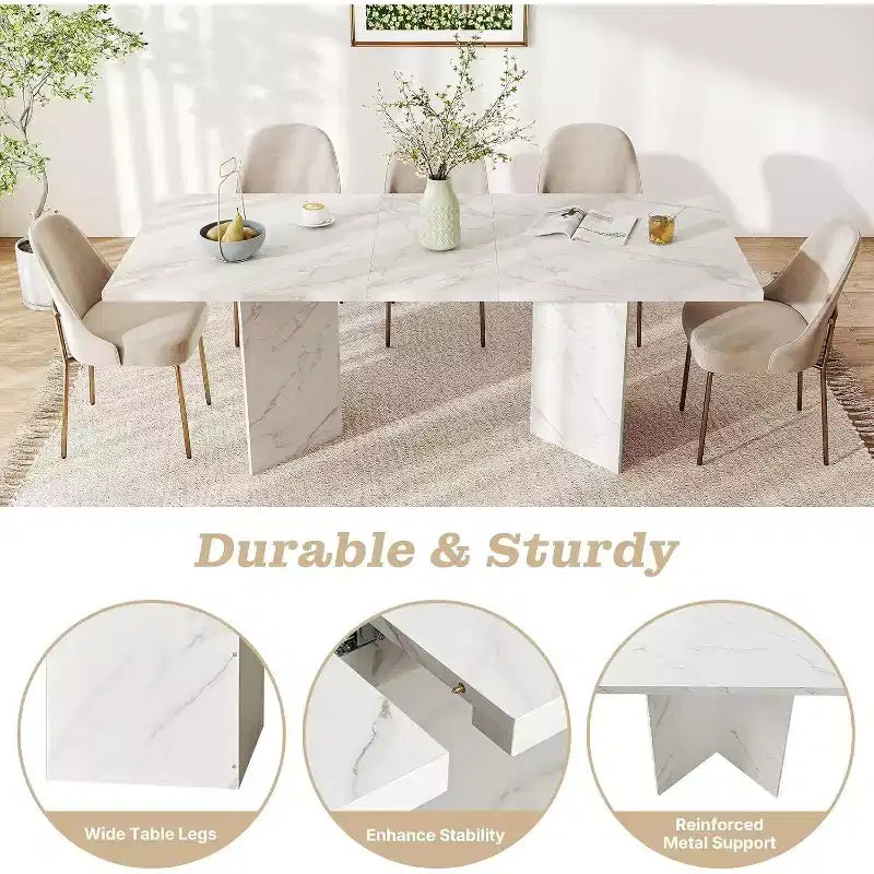 Table à manger extensible 63-78,7 po, design rustique en bois avec rail coulissant fluide et base robuste, polyvalente pour la cuisine, le salon, blanche