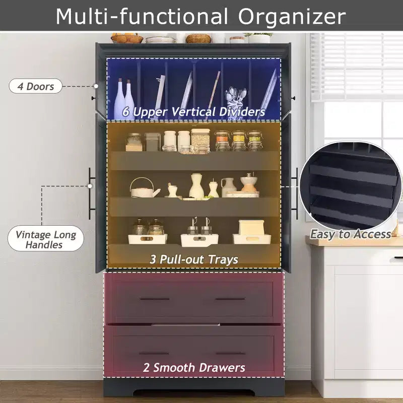 Garde-manger de cuisine autoportant à 4 portes de 184,4 cm avec tiroirs coulissants et grands tiroirs