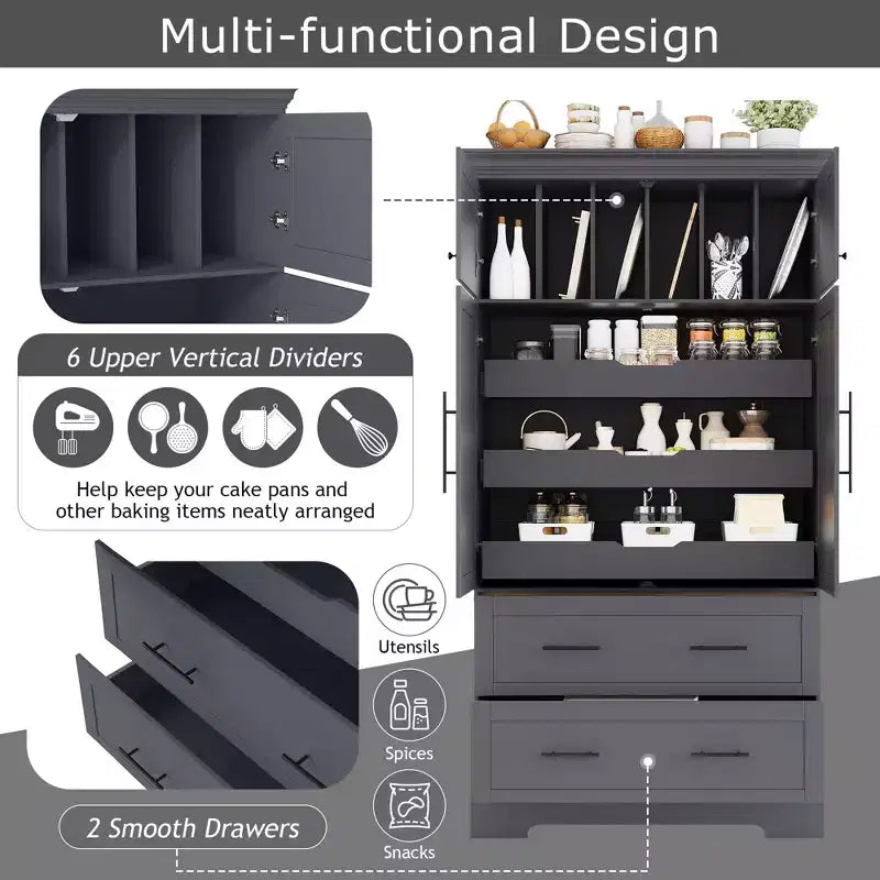 Garde-manger de cuisine autoportant à 4 portes de 184,4 cm avec tiroirs coulissants et grands tiroirs