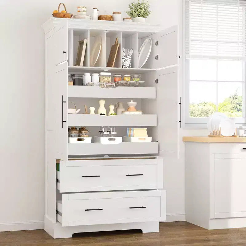 Garde-manger de cuisine autoportant à 4 portes de 184,4 cm avec tiroirs coulissants et grands tiroirs