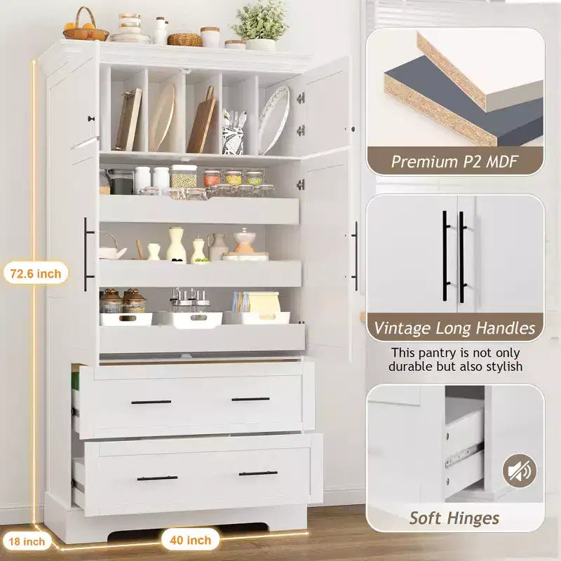 Garde-manger de cuisine autoportant à 4 portes de 184,4 cm avec tiroirs coulissants et grands tiroirs