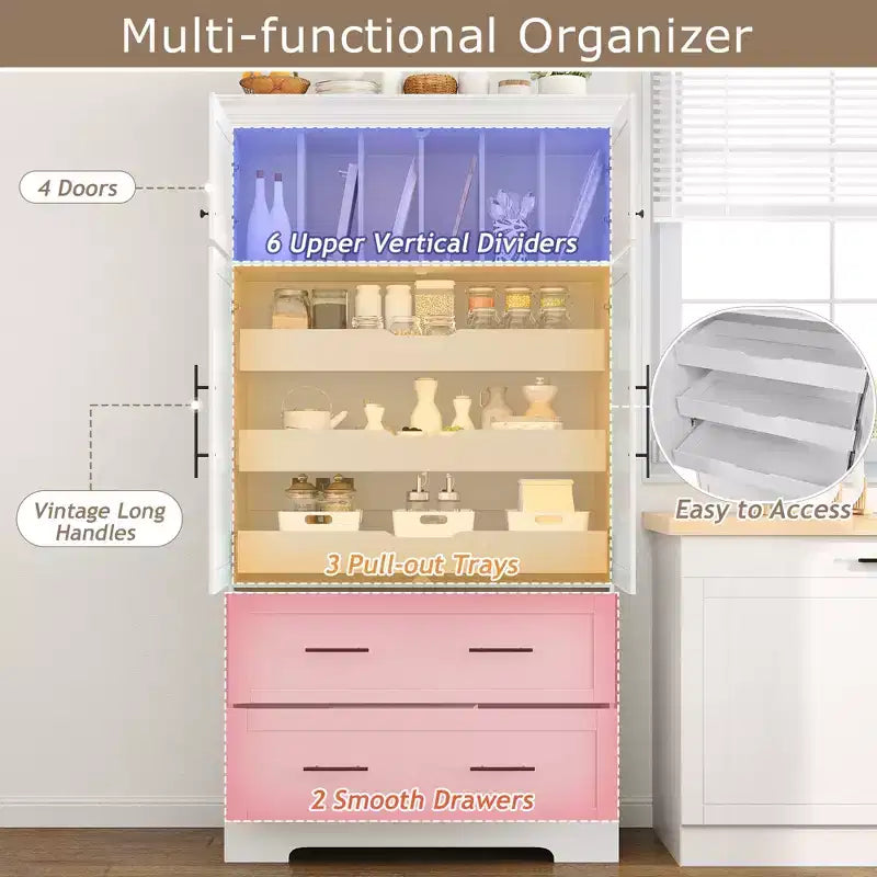 Garde-manger de cuisine autoportant à 4 portes de 184,4 cm avec tiroirs coulissants et grands tiroirs