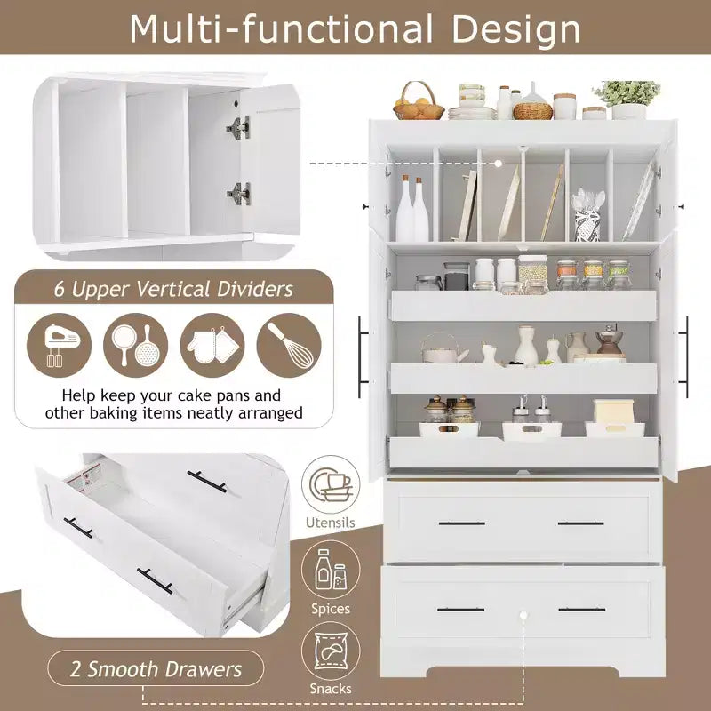 Garde-manger de cuisine autoportant à 4 portes de 184,4 cm avec tiroirs coulissants et grands tiroirs