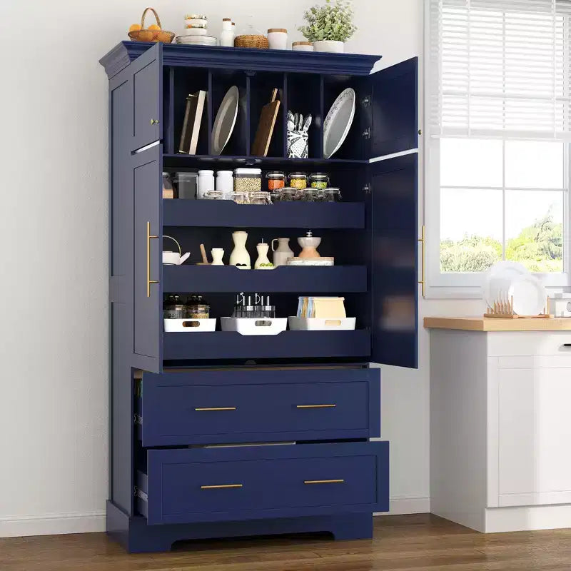 Garde-manger de cuisine autoportant à 4 portes de 184,4 cm avec tiroirs coulissants et grands tiroirs