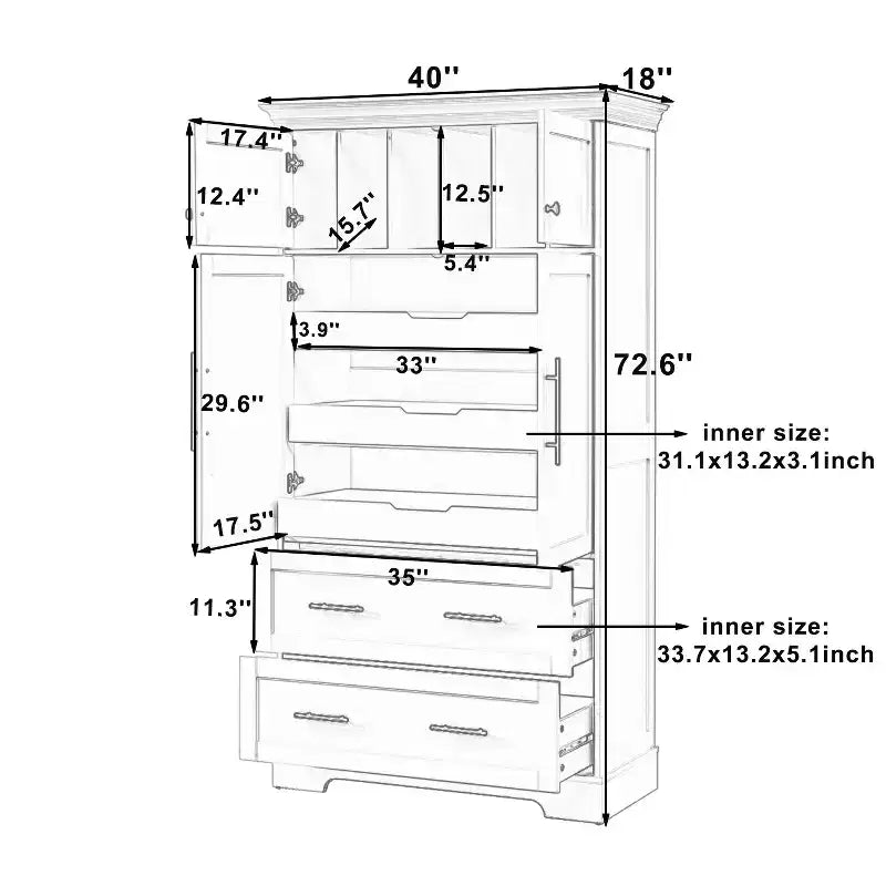 Garde-manger de cuisine autoportant à 4 portes de 184,4 cm avec tiroirs coulissants et grands tiroirs