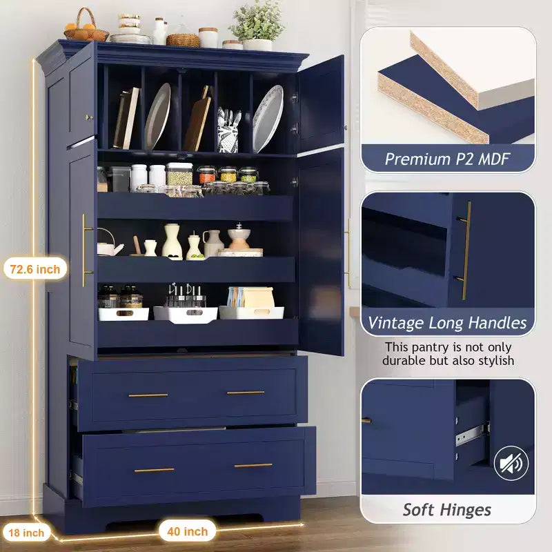 Garde-manger de cuisine autoportant à 4 portes de 184,4 cm avec tiroirs coulissants et grands tiroirs