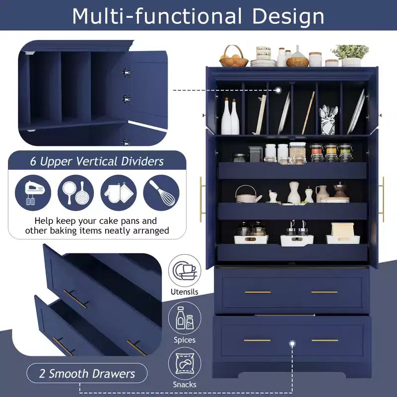 Garde-manger de cuisine autoportant à 4 portes de 184,4 cm avec tiroirs coulissants et grands tiroirs