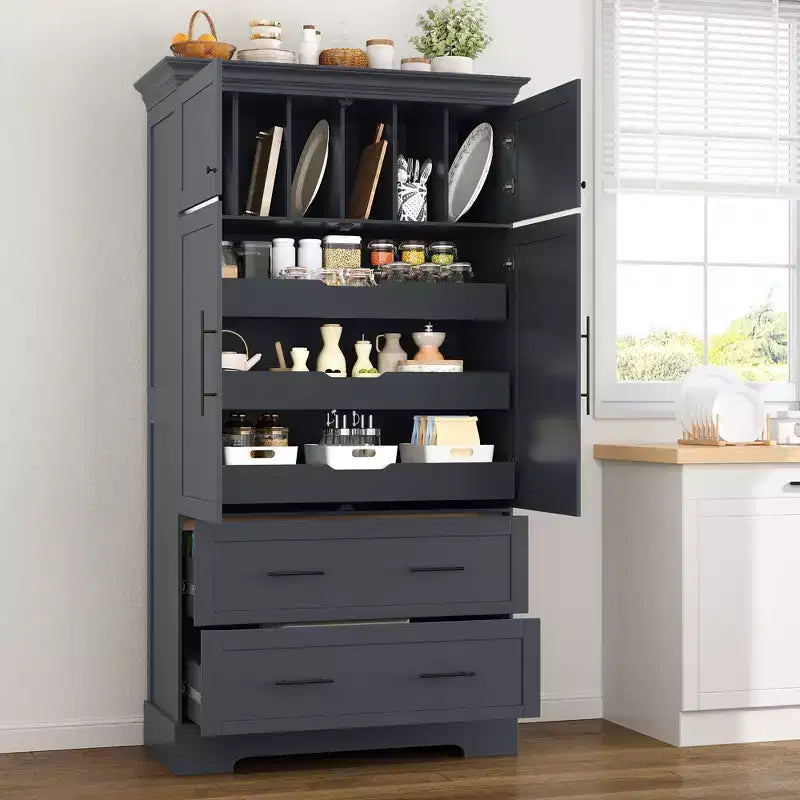Garde-manger de cuisine autoportant à 4 portes de 184,4 cm avec tiroirs coulissants et grands tiroirs