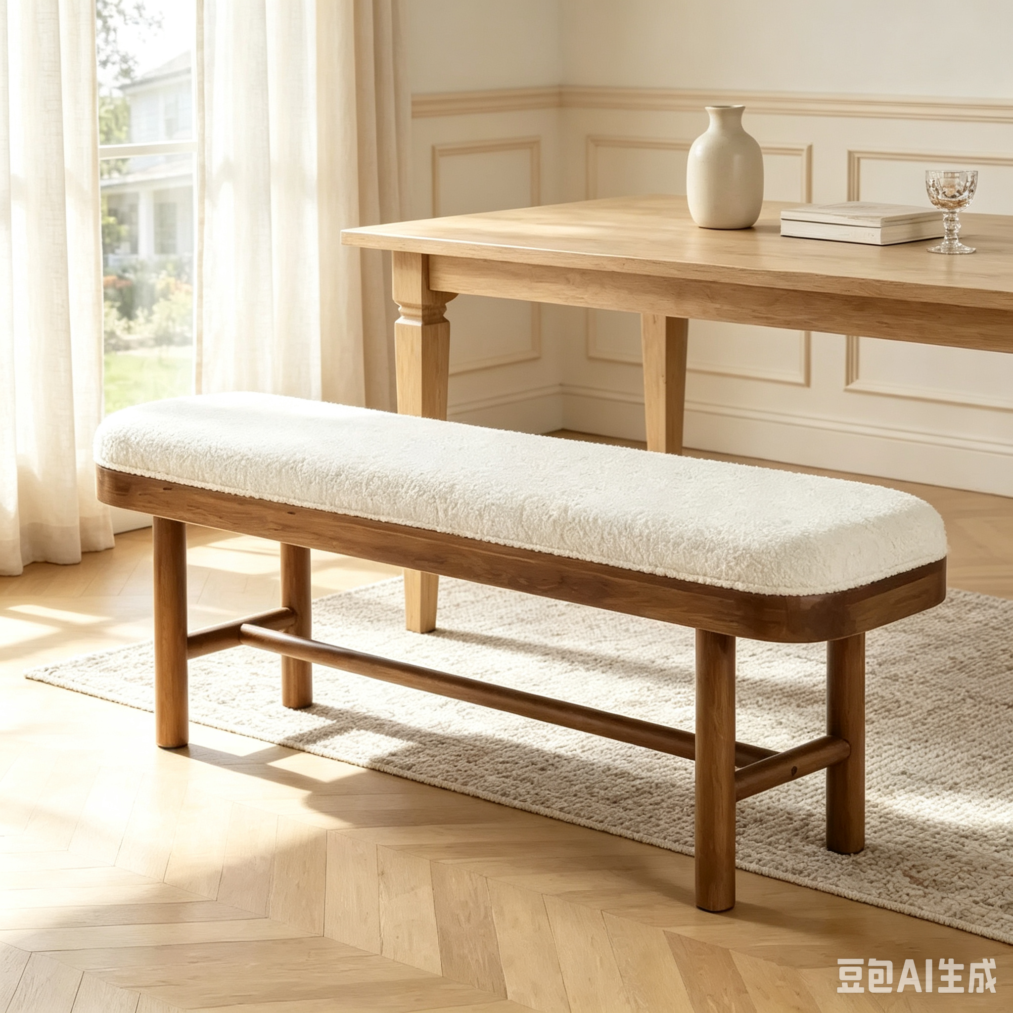 Banc d'entrée en bois massif de 55 pouces, banc rustique rembourré avec coussin pour salle à manger, vestiaire, porche, blanc et marron, assemblage facile